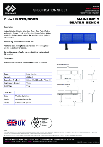 Townscape Voltan Mainline 3 Seater Bench Specification Sheet STG/0009