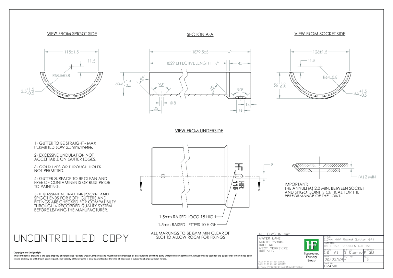 115mm Half Round Gutter Drawing