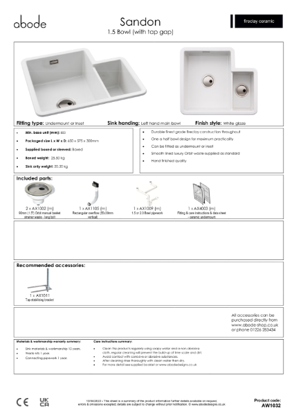 AW1032 Sandon. Ceramic Undermount & Inset Sink (1.5 Bowl LH Main) - Consumer Specification