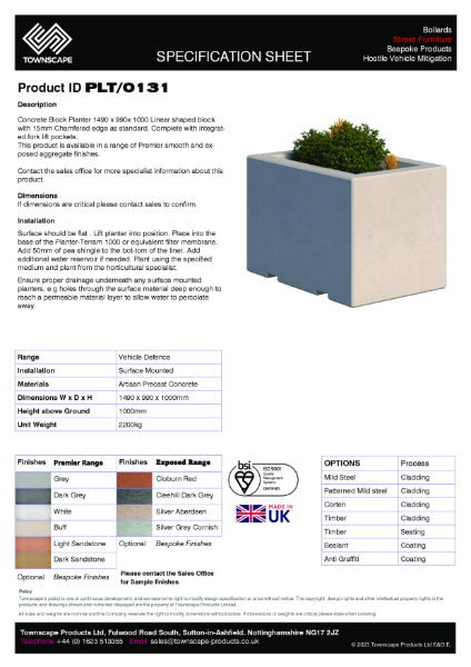 Townscape Concrete Planter Specification sheet PLT0131