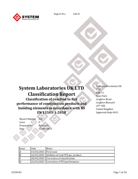 Reaction to Fire  - Classification Report EN 13501-1 - Ryno Aluminium Decking System