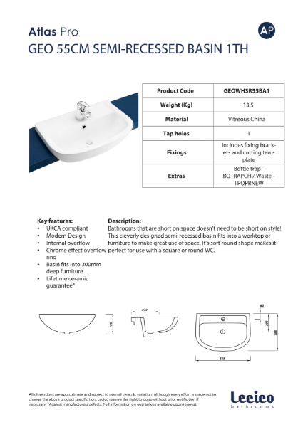 Atlas Pro Geo 55cm Semi-Recessed Basin 1TH Data Sheet