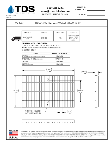 TrenchEra Galvanized Bar Grate 14.66" - FG1248R