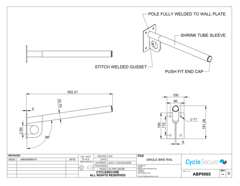 Technical drawing - 500mm long 1 bike version Secure bike wall mount