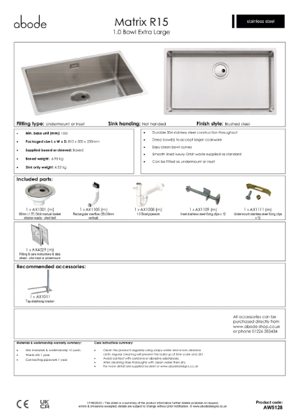 AW5128. Matrix R15 Stainless Steel Sink, Single XL Bowl - Consumer Specification
