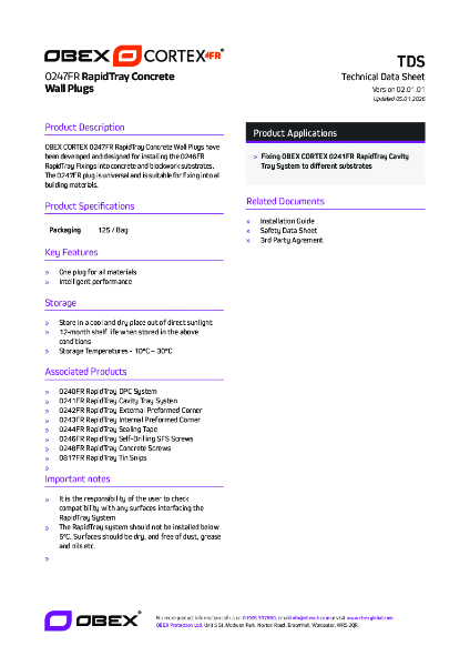 OBEX CORTEX 0247FR RapidTray Concrete Wall Plugs_TDS