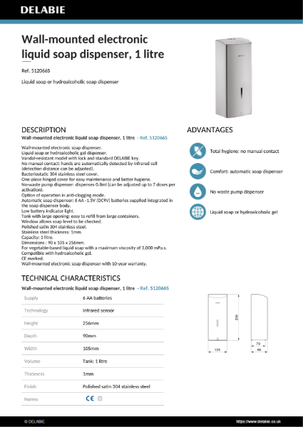 Electronic Soap Dispenser - Polished Satin Product Data Sheet