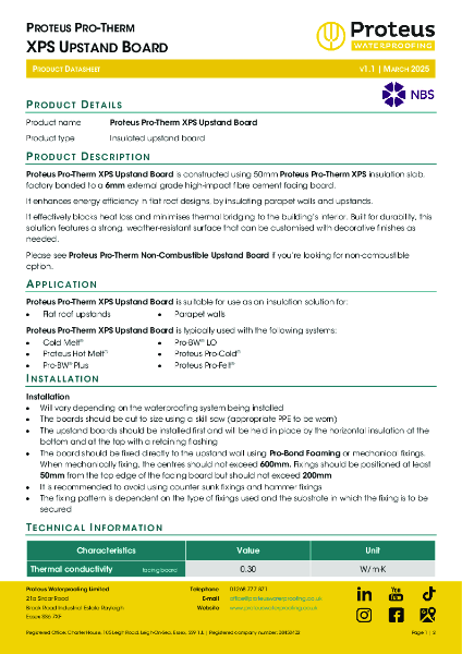 Product Data Sheet - Proteus Pro-Therm XPS Upstand Board