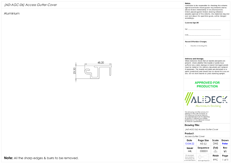 AliDeck Balcony Drainage System Access Gutter Cover Drawing