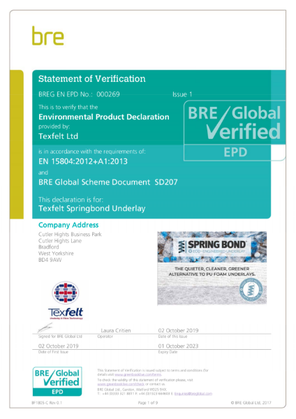 Springbond Underlay BRE Environmental Product Declaration Certificate