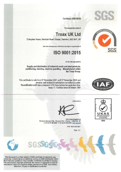 BS EN ISO 9001:2015 Certificate (Industrial mesh and steel)