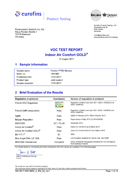 VOC Test Report - Indoor Air Comfort GOLD® - Fischer FFRS Silicone
