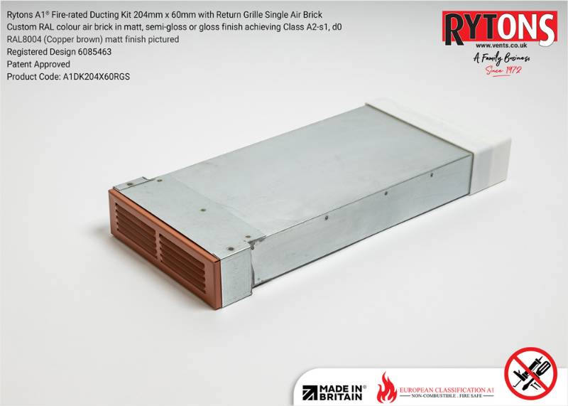 Rytons A1® Fire-rated Straight Ducting Kit 204 x 60 mm with Single Air Brick