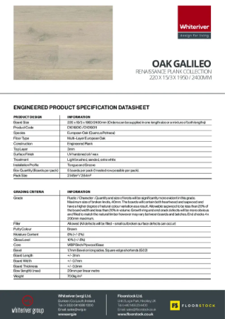 220 x 15 x 2400mm Renaissance Oak Galileo Plank Spec Sheet
