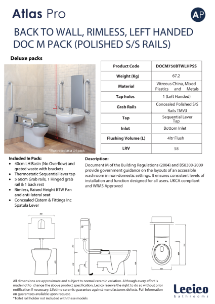 Atlas Pro Rimless DeLuxe Back to Wall DocM Pack Left Hand 40cm Basin Polished Stainless Steel Rails Data Sheet