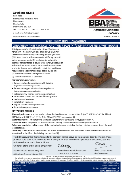 08/4613 Xtratherm Thin-R (XT/CW) and Thin-R Plus (XT/CWP) Partial Fill Cavity Boards (Product Sheet 3)