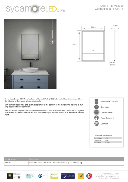 Specification Sheet for Bailey Illuminated Mirror