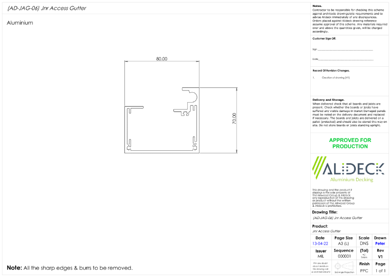 AliDeck Balcony Drainage System Junior Access Gutter Drawing