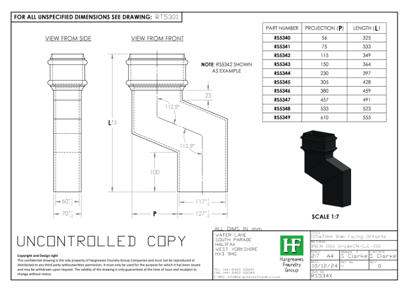 125x70mm Side Facing Rainwater Offsets Drawing