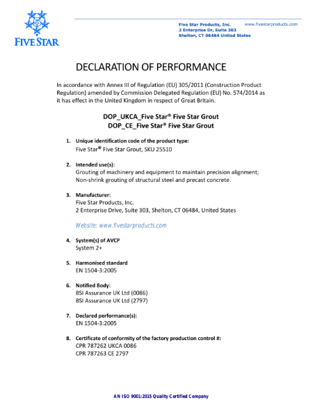 DECLARATION OF PERFORMANCE FIVE STAR GROUT