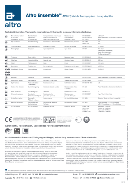 Altro Ensemble Technical Data Sheet