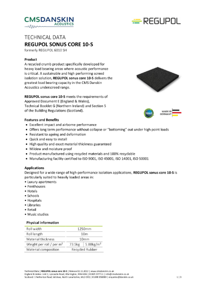 REGUPOL SONUS CORE 10-S - Technical Data Sheet