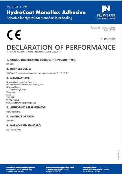 HydroCoat MonoFlex Adhesive - Declaration of Performance