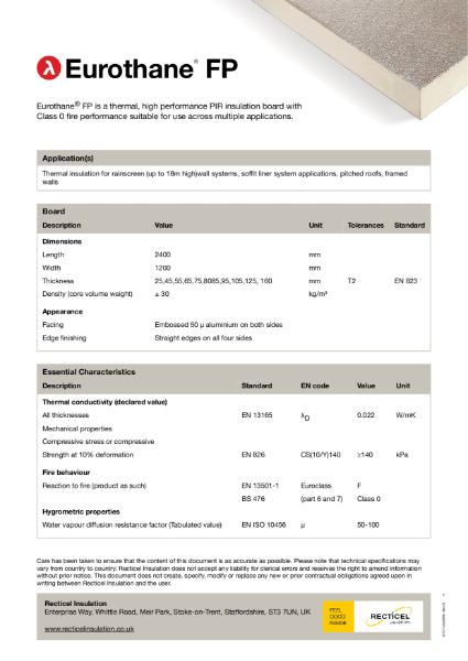 Eurothane FP rainscreen and soffit insulation technical datasheet