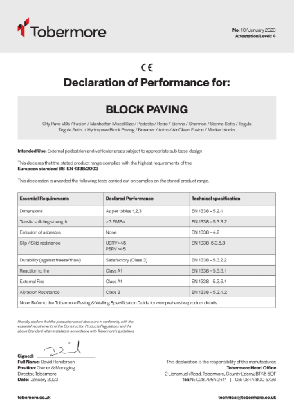 Block Paving Tobermore CE Declaration of performance January 2023
