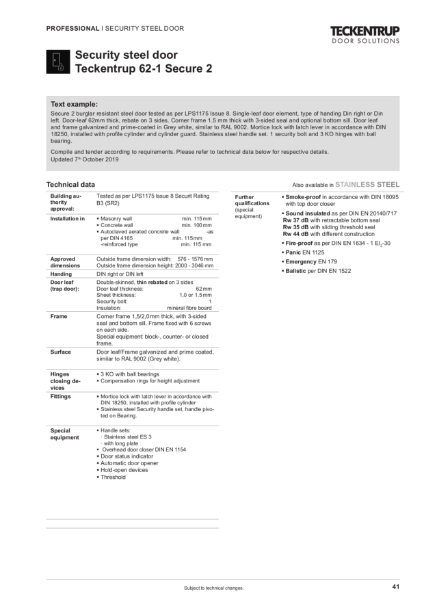 Security Steel Door LPS 1175 Issue 8 B3 (SR2) 62-1 Secure 2 (Technical Data)