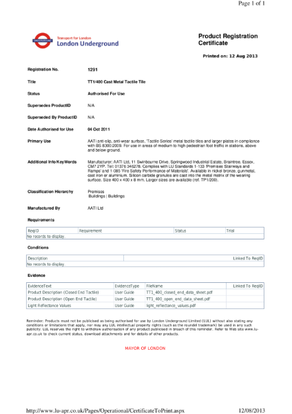 AATi certificate for AATi Anti-slip Corduroy / Tacile Tiles ref: TT1/400