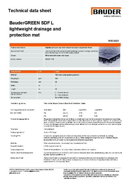 BauderGREEN SDF L lightweight drainage and protection mat - Technical Data Sheet