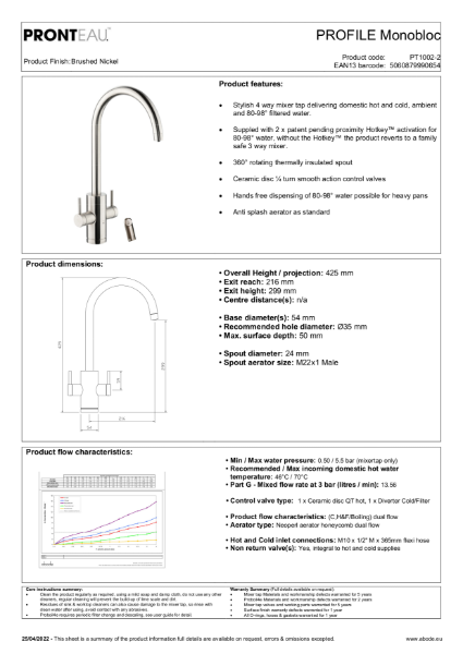 PT1002-2 Pronteau Profile Monobloc (Brushed Nickel), 4 IN 1 Steaming Hot Water Tap - Consumer Spec