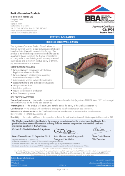 Certificate BBA 02/3908 Recticel Eurowall Cavity