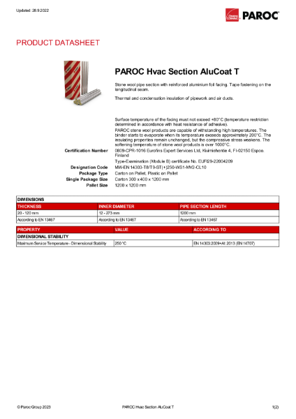 PAROC Hvac Section AluCoat T - datasheet