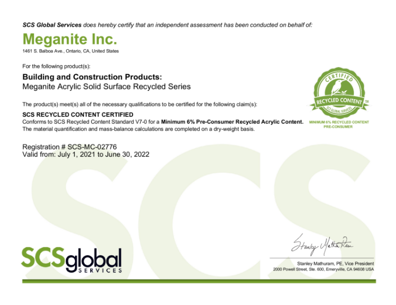 Certificate - Meganite Recycle Content (SCS)
