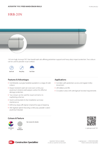 CS Acrovyn PVC-Free HRB-20N Hand/Crash Rail_Product Sheet (09.23)