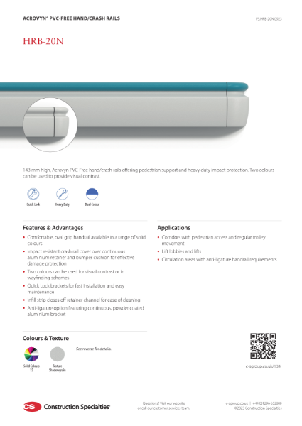 Product Sheet - CS Acrovyn PVC-Free HRB-20N Hand/Crash Rail