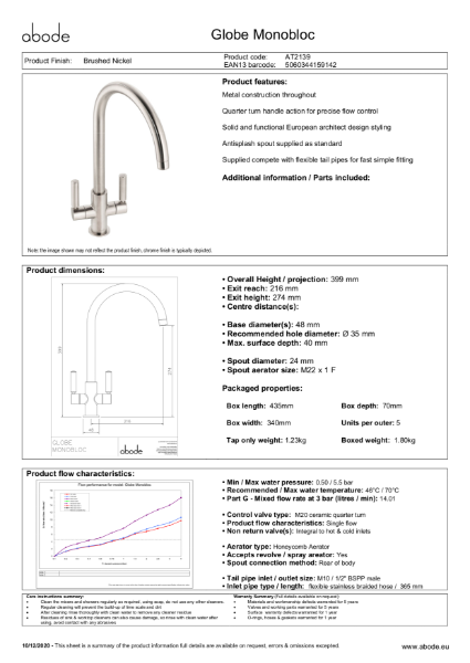 Globe Monobloc (Brushed Nickel) Consumer Spec