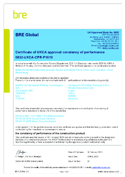 WWA-PC-I02 EN54 Certificate of Approval