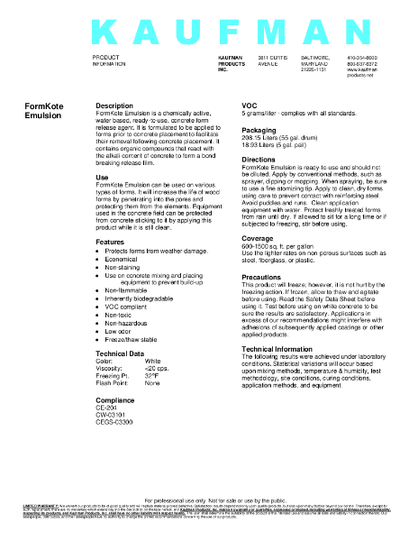 FormKote Emulsion Product Data Sheet