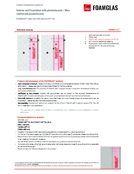 TDS_3.2.7_Wall Internal - FOAMGLAS Insulation with Plasterboard Mechanically Fastened