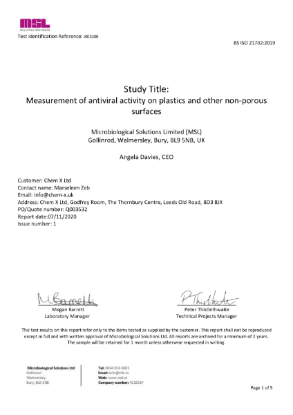 SteriCoat™ HD20 Lab Report: ISO 21702:2019 Measurement of Coronavirus (Munich Strain) activity on plastics and other non-porous surfaces