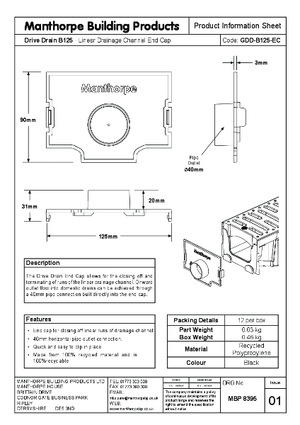 B125 Drive Drain End Cap Product Data Sheet