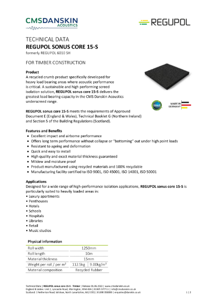 REGUPOL SONUS CORE 15-S FOR TIMBER CONSTRUCTION - Technical Data Sheet