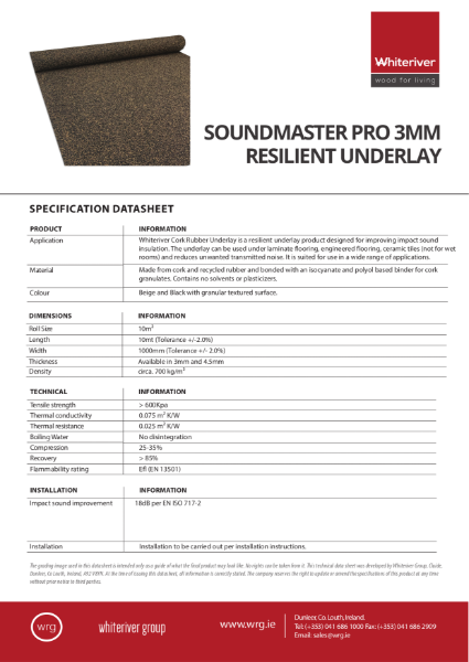 Whiteriver 3mm Soundmaster Pro Cork Rubber Underlay Data Sheet
