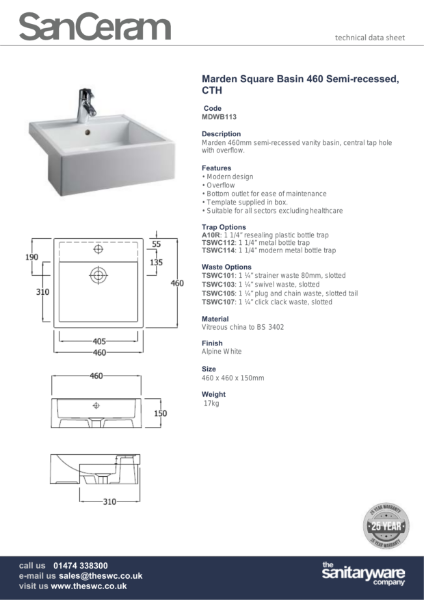 Marden square semi-recessed basin 460 mm, central tap hole, with overflow MDWB113