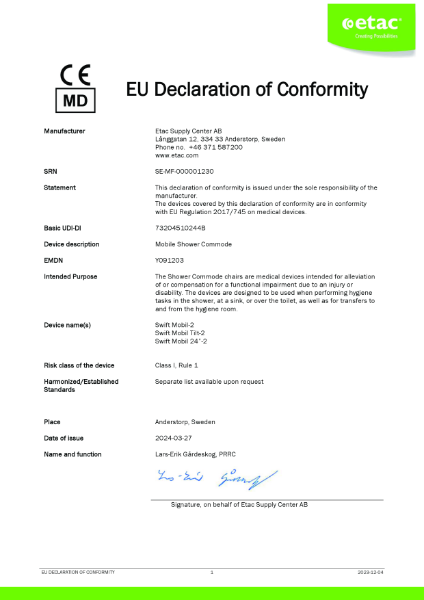 Etac Swift Mobil-2 Declaration of Conformity