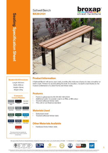 Saltwell Picnic Bench Specification Sheet