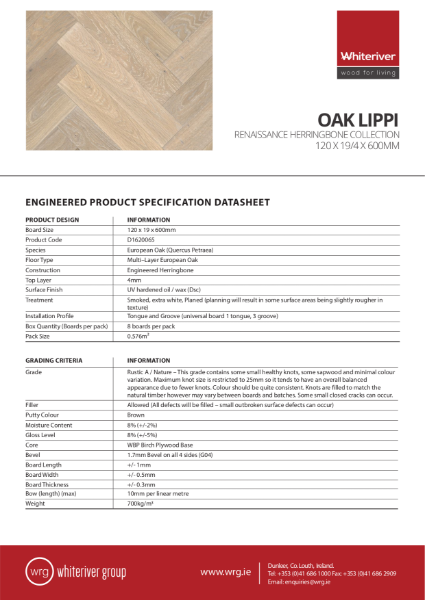 120 x 19 x 600mm Renaissance Oak Lippi Herringbone Spec Sheet